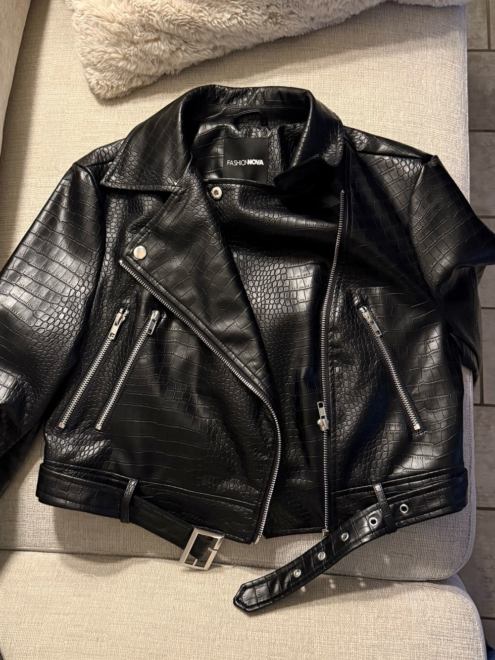 Fashion Nova Black Croc-Embossed Faux Leather Moto Jacket, Never been worn.